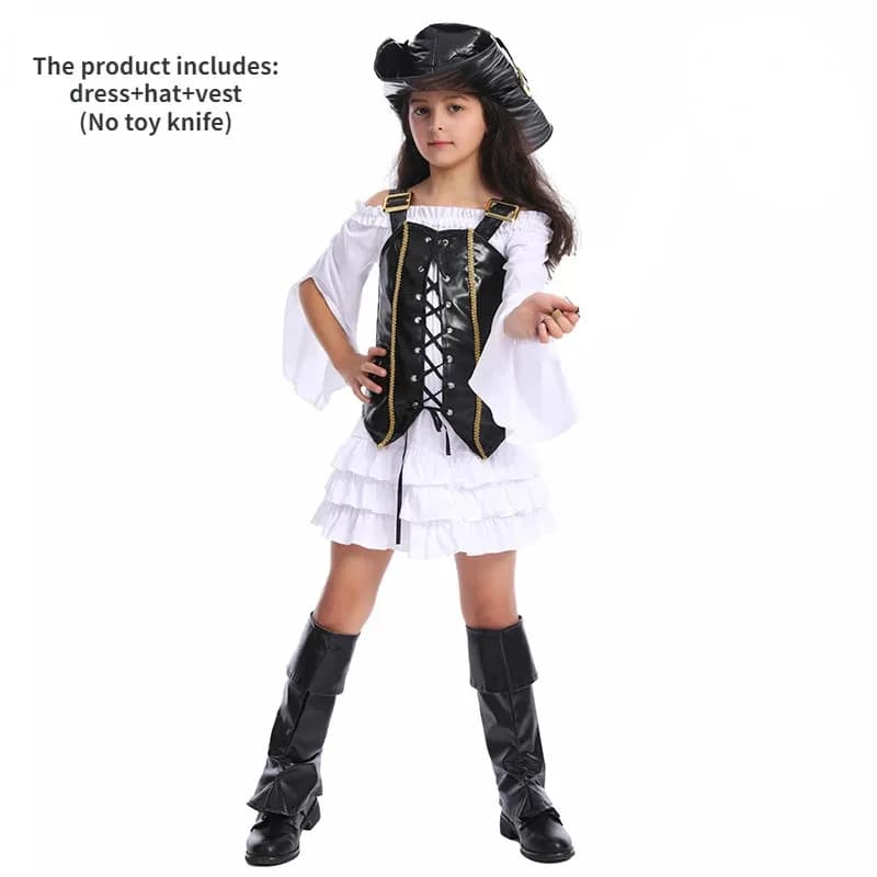 Costume da pirata Vestito cosplay Ragazze Gilet di pizzo Cappello Abito Bambini Abito bianco con maniche estese X;2,F;5.N;