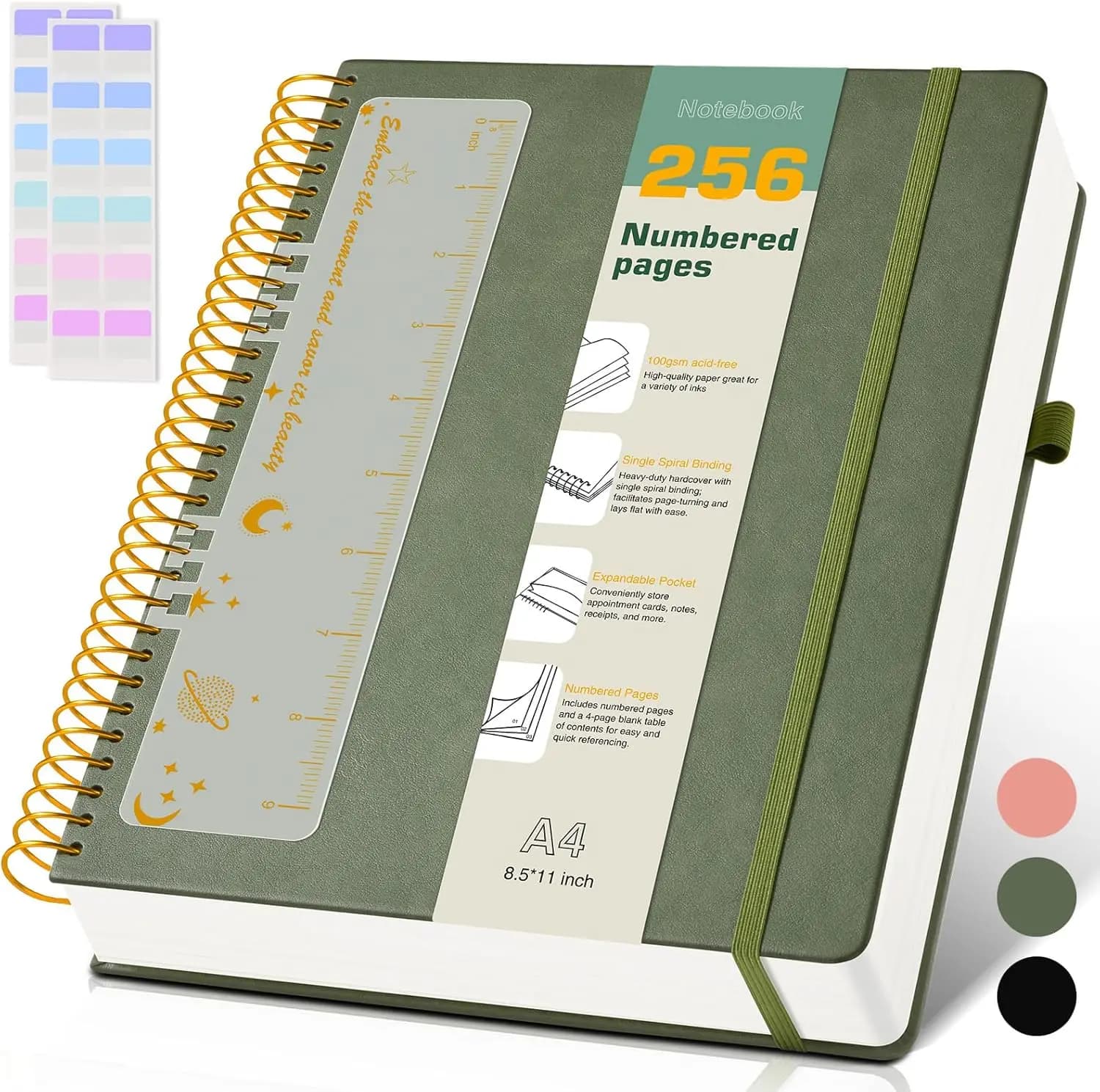 A4 Spiral Notebook 8.5x11, 256 Numbered Pages Hardcover Leather Journal for Women Men, Lined College Ruled with Thick Paper