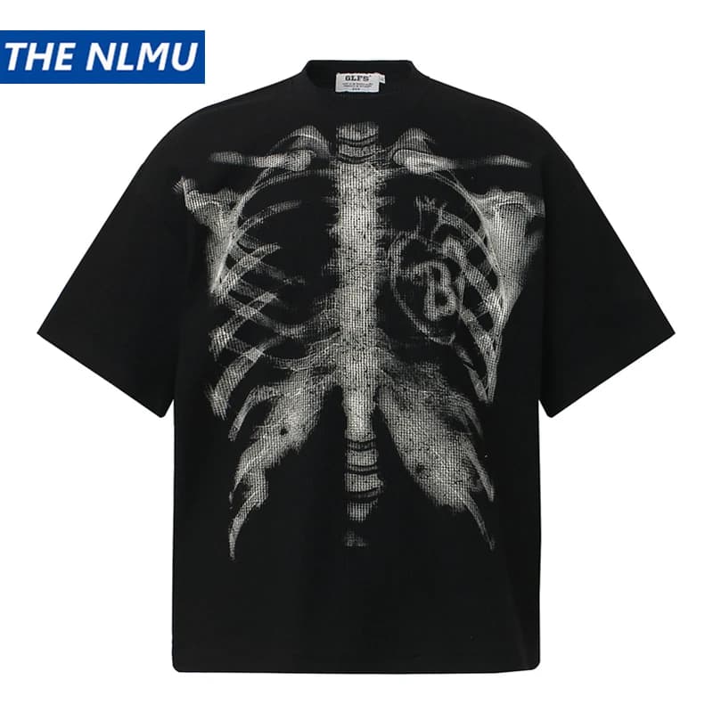 T-shirt Estiva 2026 con Stampa Scheletro per Coppia, Maglietta Oversize da Uomo a Maniche Corte in Tessuto Waffle per Street Dance, Top Casual Unisex