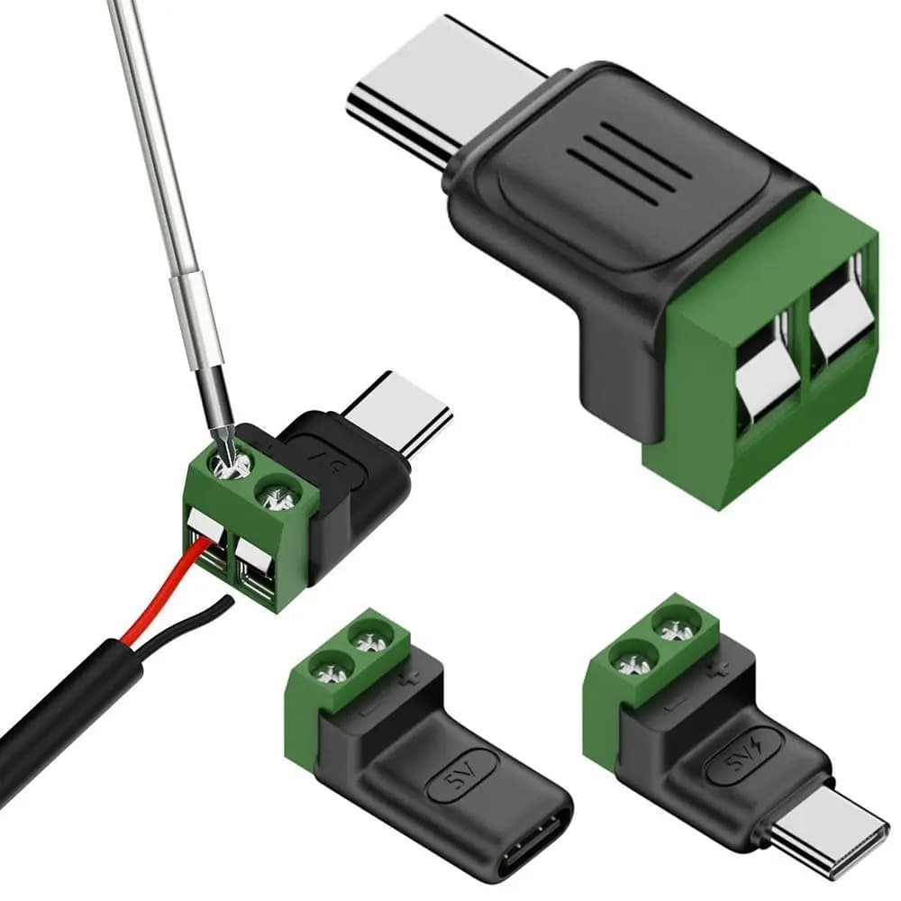 Solderless Plug USB C to 2Pin Terminal Adapter Type-C to 2 Pin Screw Crimp Terminal Block Green 5V Charging Connector