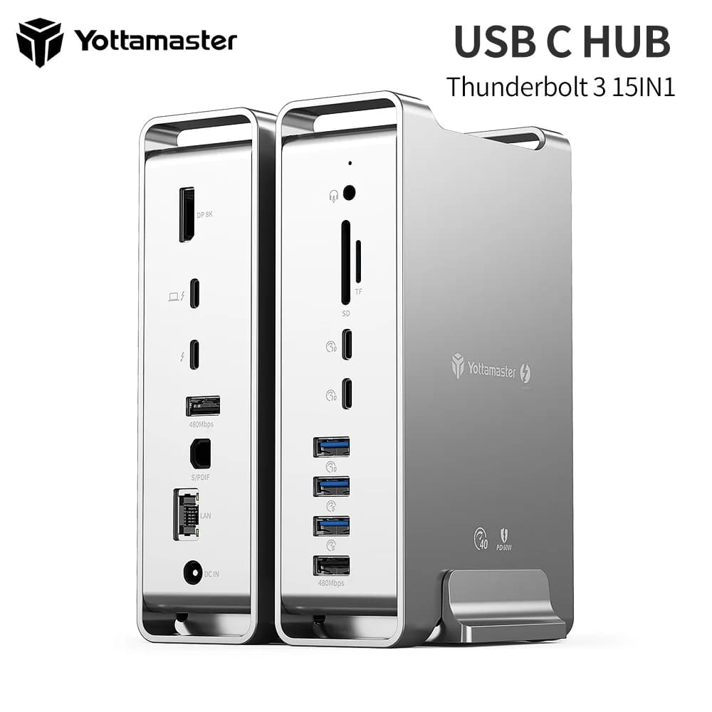 Yottamaster 15-in-1 Thunderbolt 3 Docking Station USB C con doppio Display 4K 65W ricarica per Laptop SD/TF, Hub Thunderbolt 3