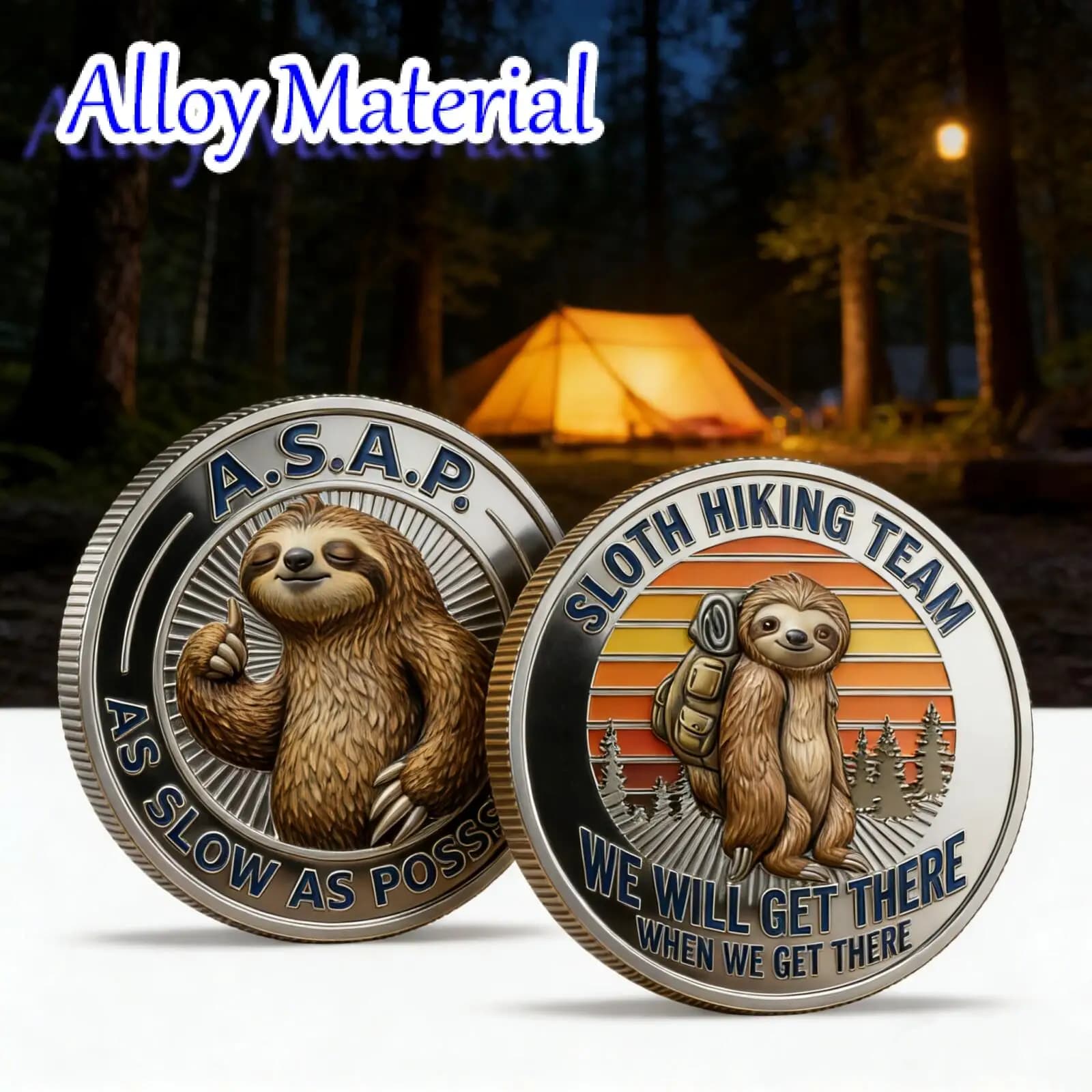 1 Pc sloth hiking theme metal commemorative coin 3D relief design presents outdoor backpack and natural elements, alloy commemorative coin is suitable for desk display collection decoration, give friends and family to express ease and company, novelty