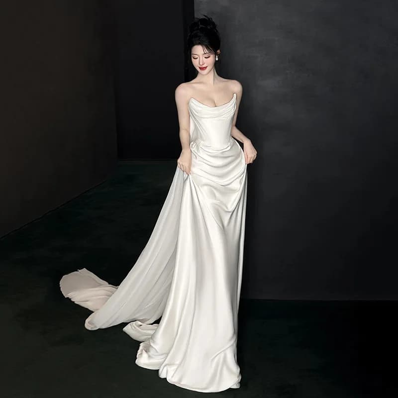 Strapless Wedding Dresses Elegant Satin Party Dress With Court Train Classic Zipper Back Mermaid Wedding Dress Customized 2025