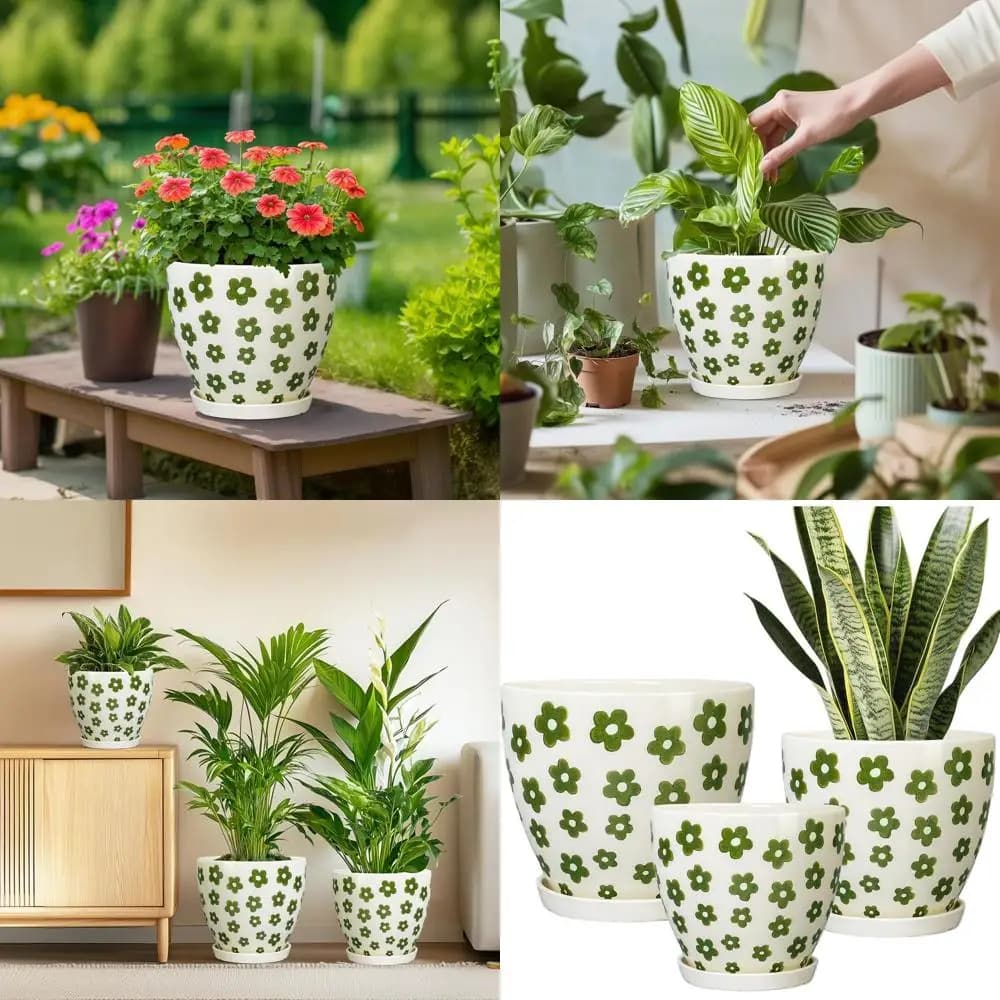 Set di 3 Vasi in Ceramica Bianca Stile Boho con Fori di Drenaggio e Sottovasi per Piante da Interno e Decorazione Casa