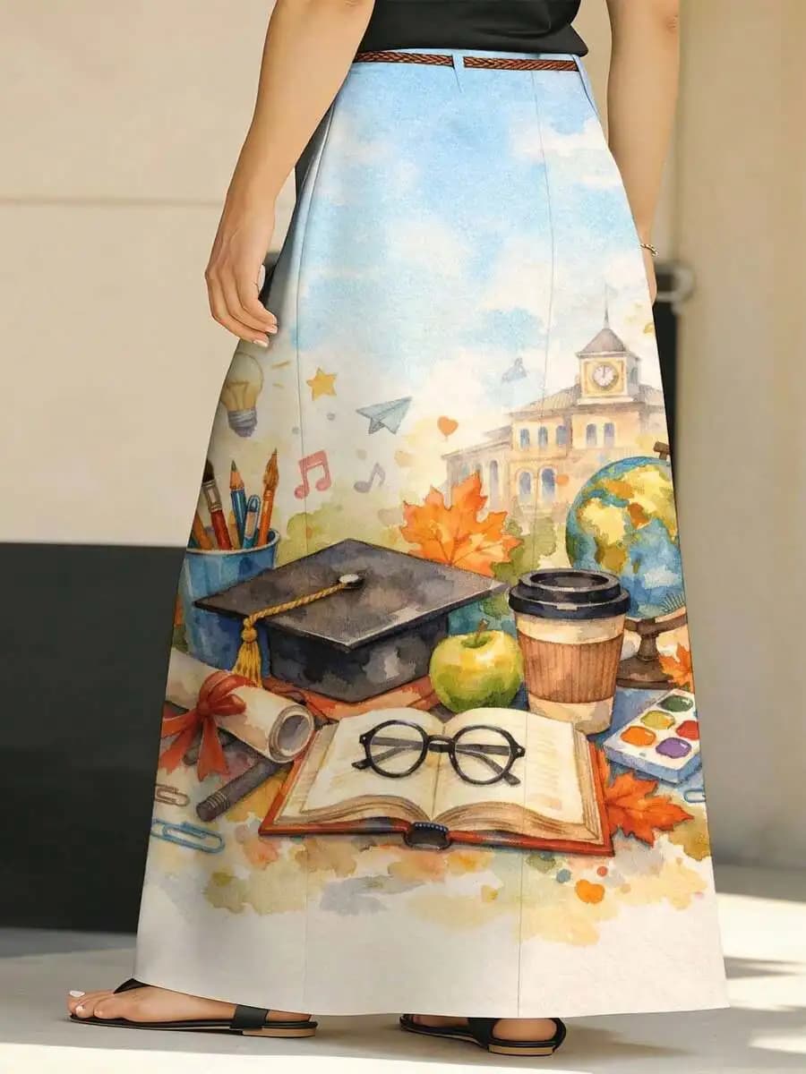 Gonna Lunga Dritta da Donna Taglie Forti con Tasche e Stampa, per Uso Quotidiano Casual