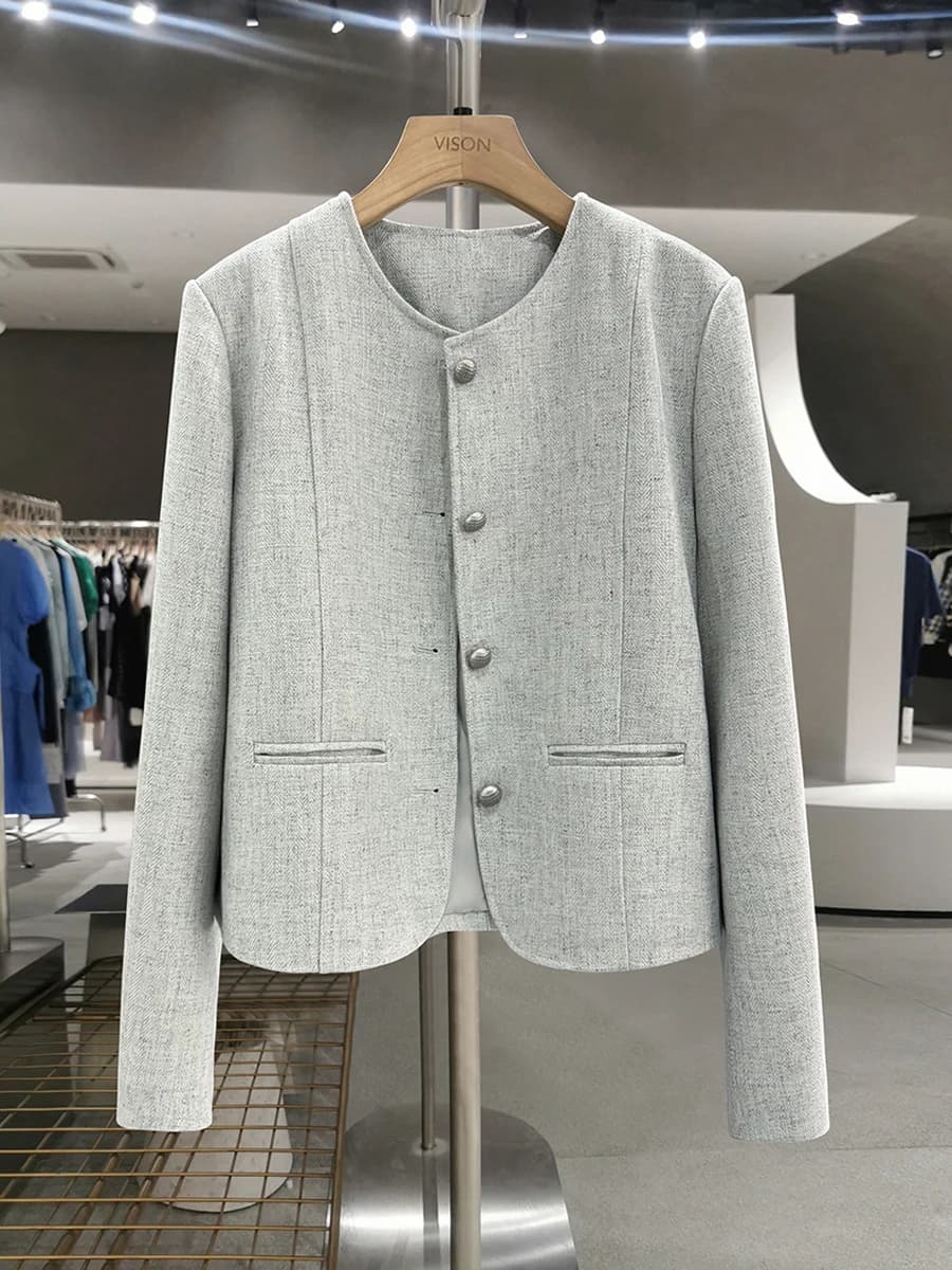 Giacca da Completo Grigio-Verde di Alta Gamma da Donna, Nuovo Stile Primavera Autunno 2026, Top Coreano con Sapore di Piccola Fragranza, Modello a Tubo Dritto
