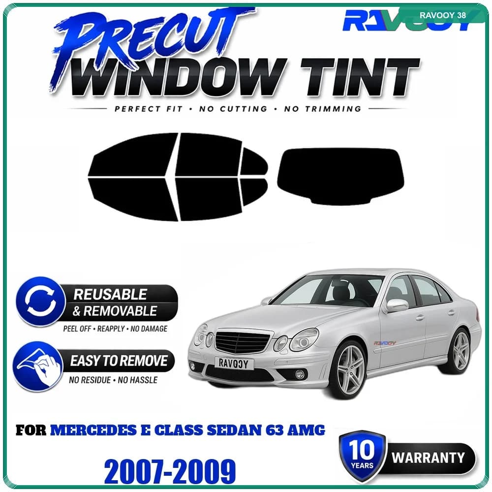 Precut Window Tint, Reusable Removable EPU Film, Custom Fit for Mercedes E Class Sedan 63 AMG 2007-2009, UV Heat Protection