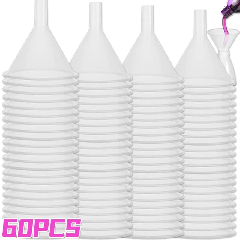 10/60PCS Mini Imbuti di Plastica Trasparente Bocca Piccola Imbuti di Olio Liquido Dispenser di Liquido Cosmetico Bottiglie Da Laboratorio Strumenti di Riempimento