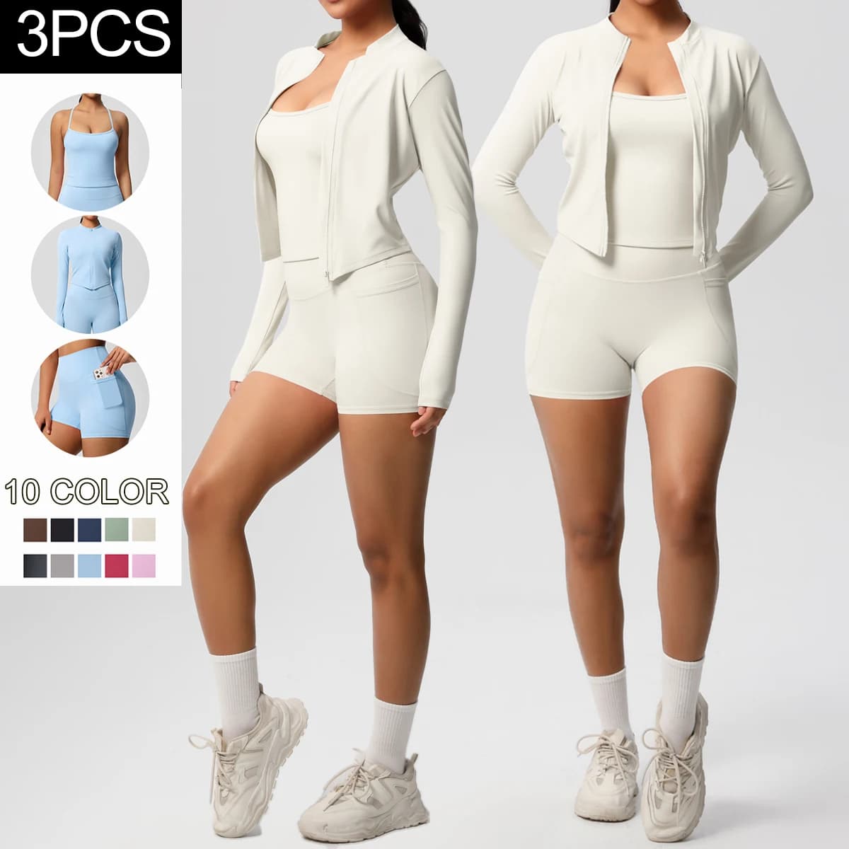 Set da yoga da 3 pezzi, tinta unita, per palestra, sport, top senza schienale, giacca con cerniera, pantaloncini da yoga ad asciugatura rapida con tasche, set da yoga da donna