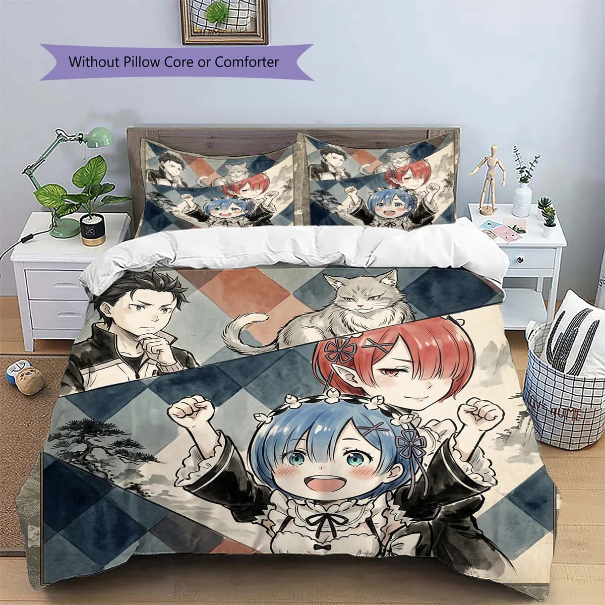 ReZero Anime Style Patterned Pillowcase & Duvet Cover Set Bedroom Bedding Decor Great Gift for Enthusiasts YUN6516