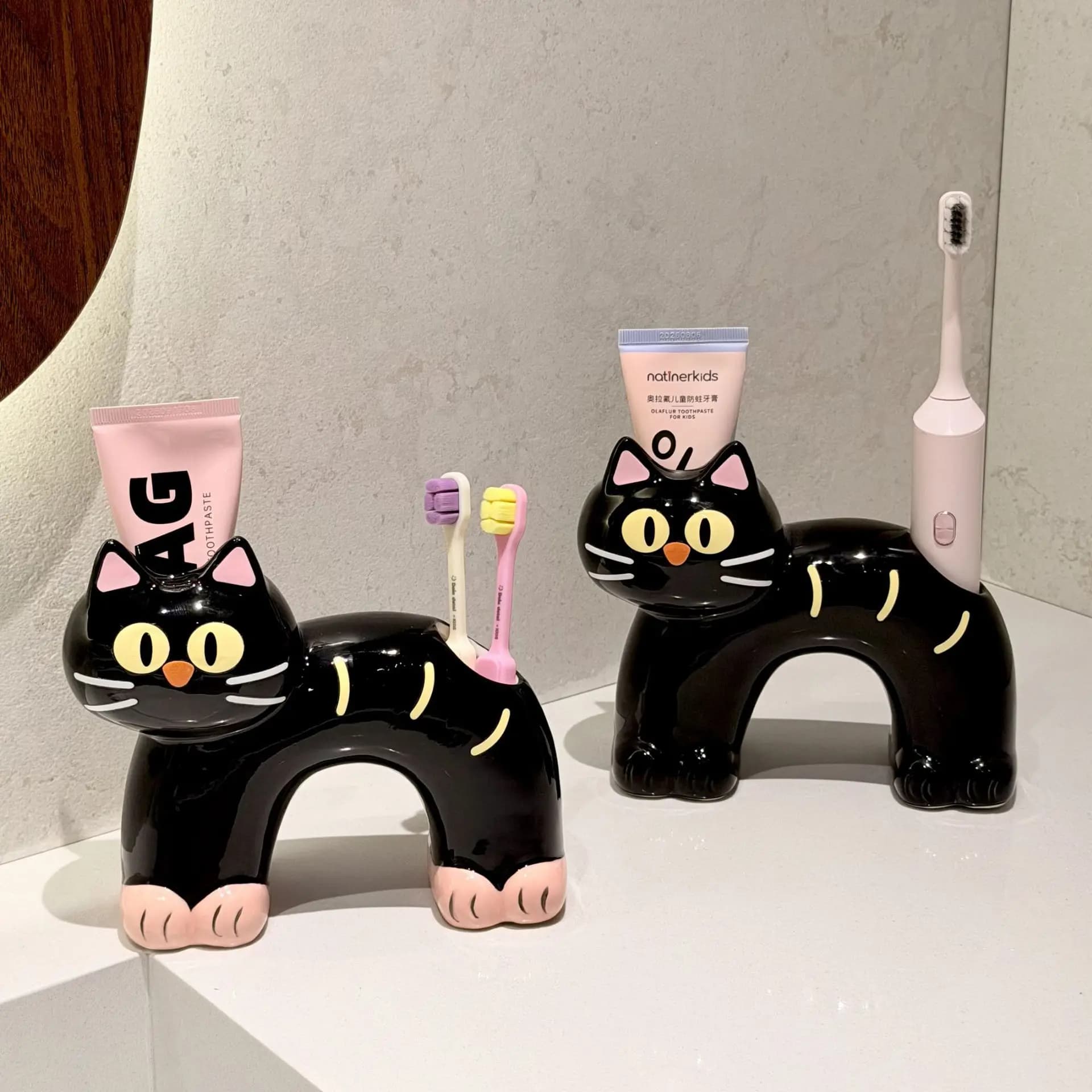 Portaspazzolino Gatto Nero, Portaoggetti da Bagno, Supporto per Coppia, Base per Dentifricio e Accessori Toilette
