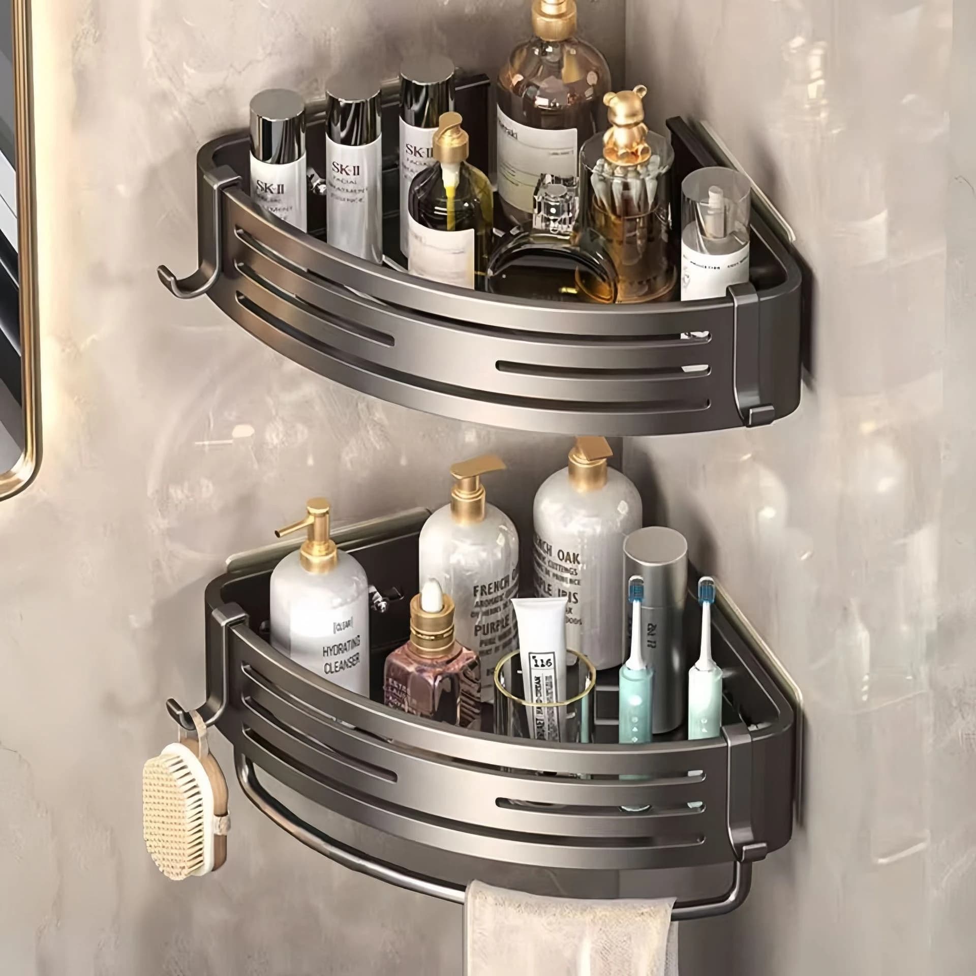 Adhesive or Drilling Corner Shower Caddy Upgraded Rustproof Aluminum Spacious Bathroom Organizer in Matt Black Finish