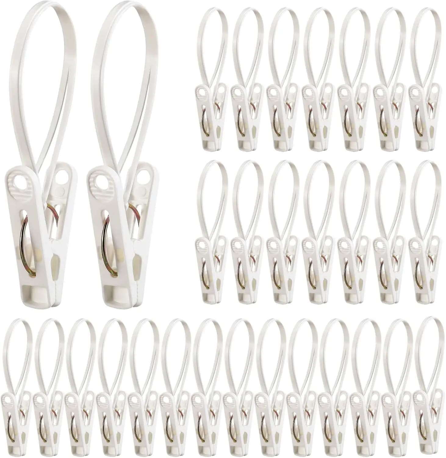 Confezione da 30 Ganci Multiuso per Lavanderia con Corda in Plastica per Organizzazione Armadio, Clip Appendiabiti per Pantaloni, Calzini, Asciugamani (Bianco)