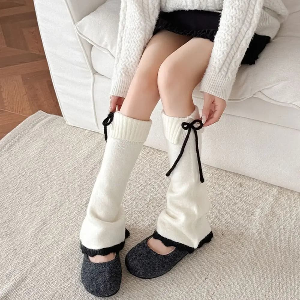 Solid Color Y2K Lace Up Leg Warmers Sweet Ballet Flare Women's Plush Stockings Elastic Hosiery Knit Banding Leggings Winter
