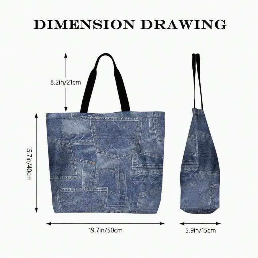 Borsa tote in tela con patchwork in denim, elegante borsa a tracolla da donna con tasche frontali e manici lunghi