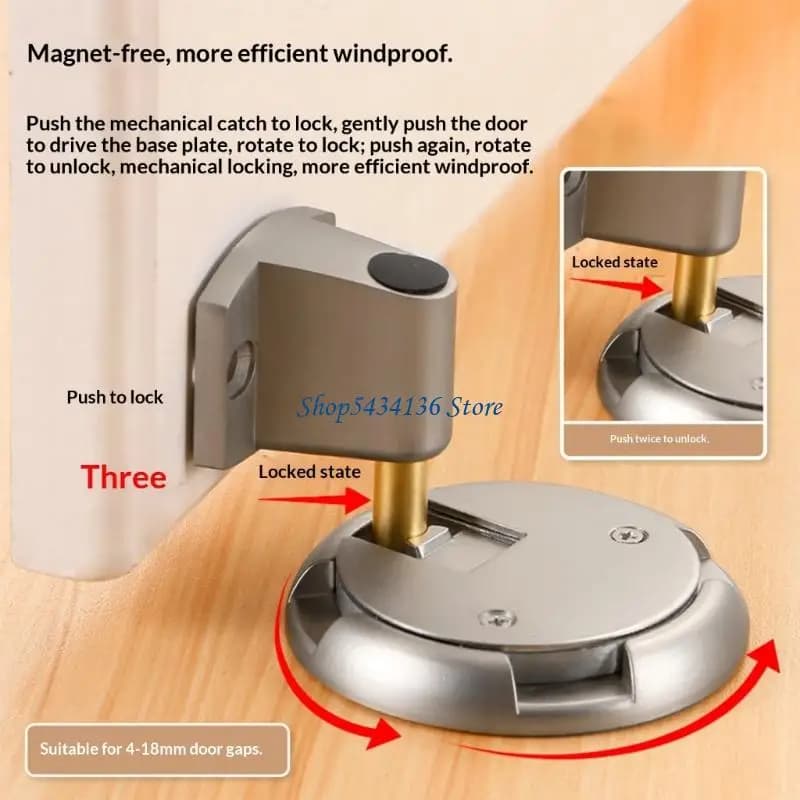H7ED Long Lasting Zinc Alloy Door Stoppers Automatic Push Lock Technology No Hole Installation Door Stoppers for Interior Doors