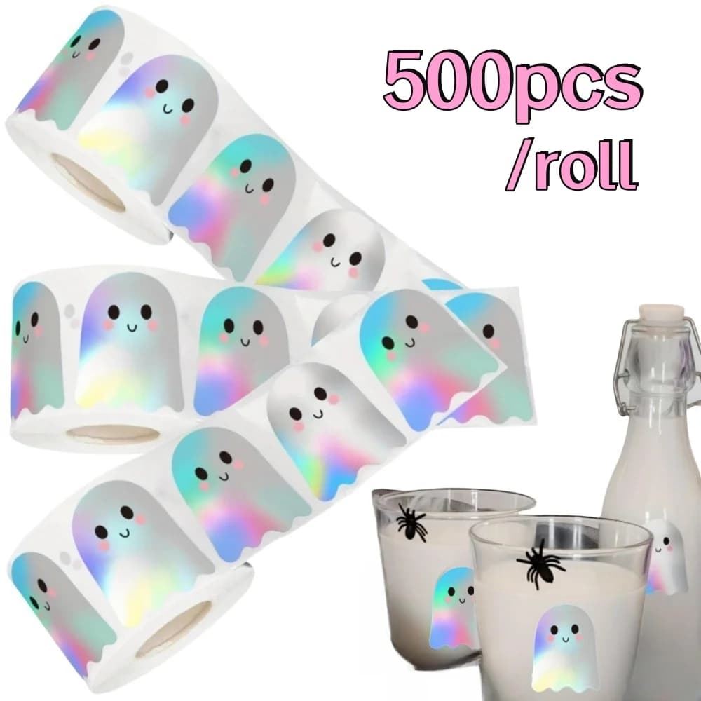 500 pz/rotolo adesivi laser Halloween adesivi autoadesivi impermeabili Boo Ghost decalcomanie rotolo per busta ufficiale decorazioni per feste