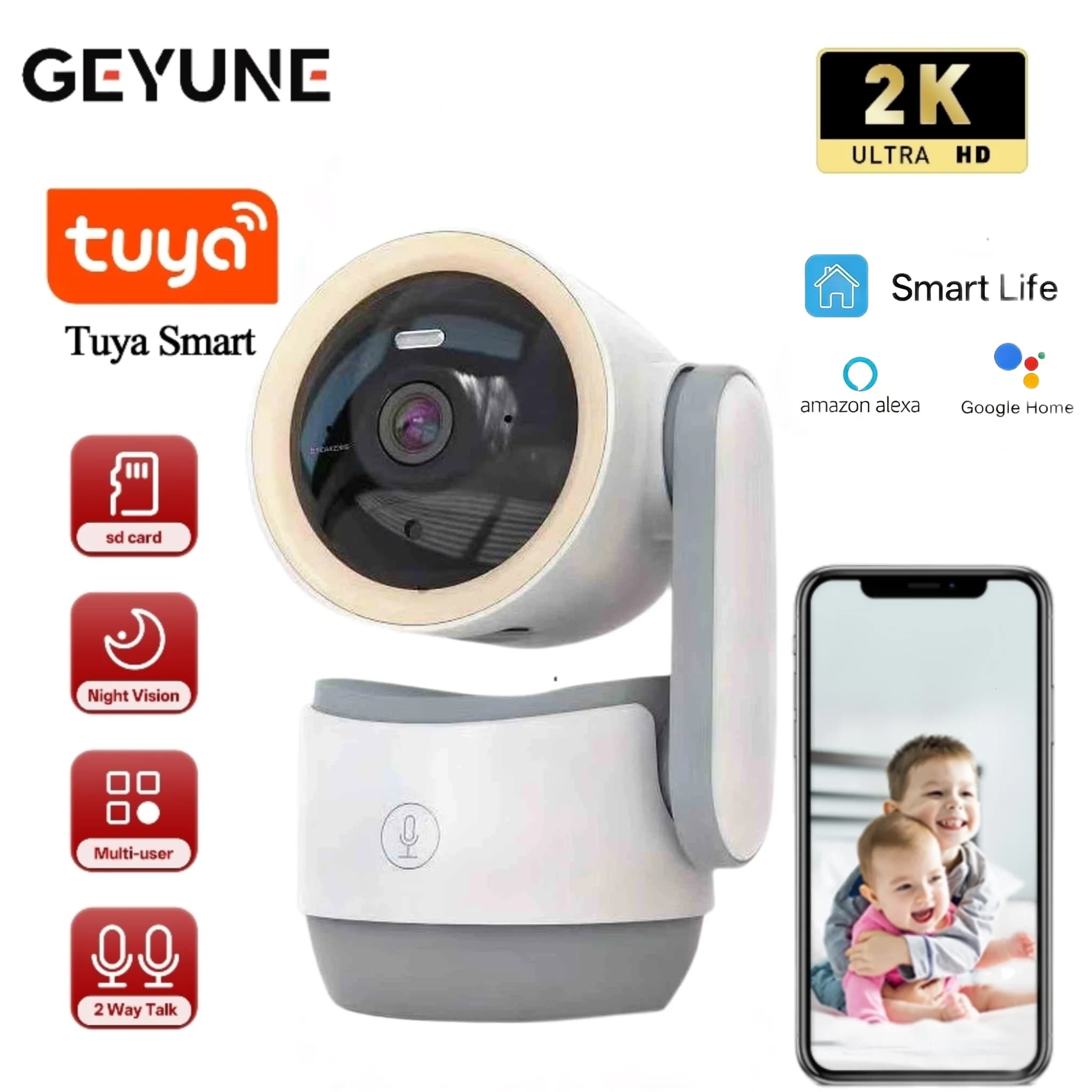 Monitor per Bambini WiFi Tuya 5MP con Chiamata One-Touch e PTZ 360° ° Telecamera di Sorveglianza IP CCTV con Tracciamento Automatico e Visione Notturna a Colori