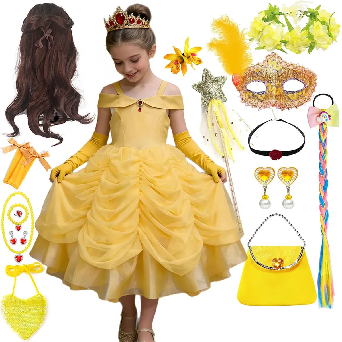 2026 Disney New Beauty and the Beast Princess Belle Dress Deluxe Full Set With Wig Tiara Gloves Birthday Party Cosplay Dress Set