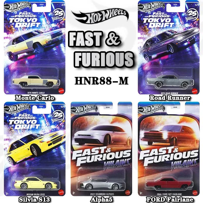 Hot Wheels Fast & Furious HNR88-M Monte Carlo,Plymouth,Silvia S13, Fairlane, Alpha5, Alloy Collectible Toy Car for Display Gifts