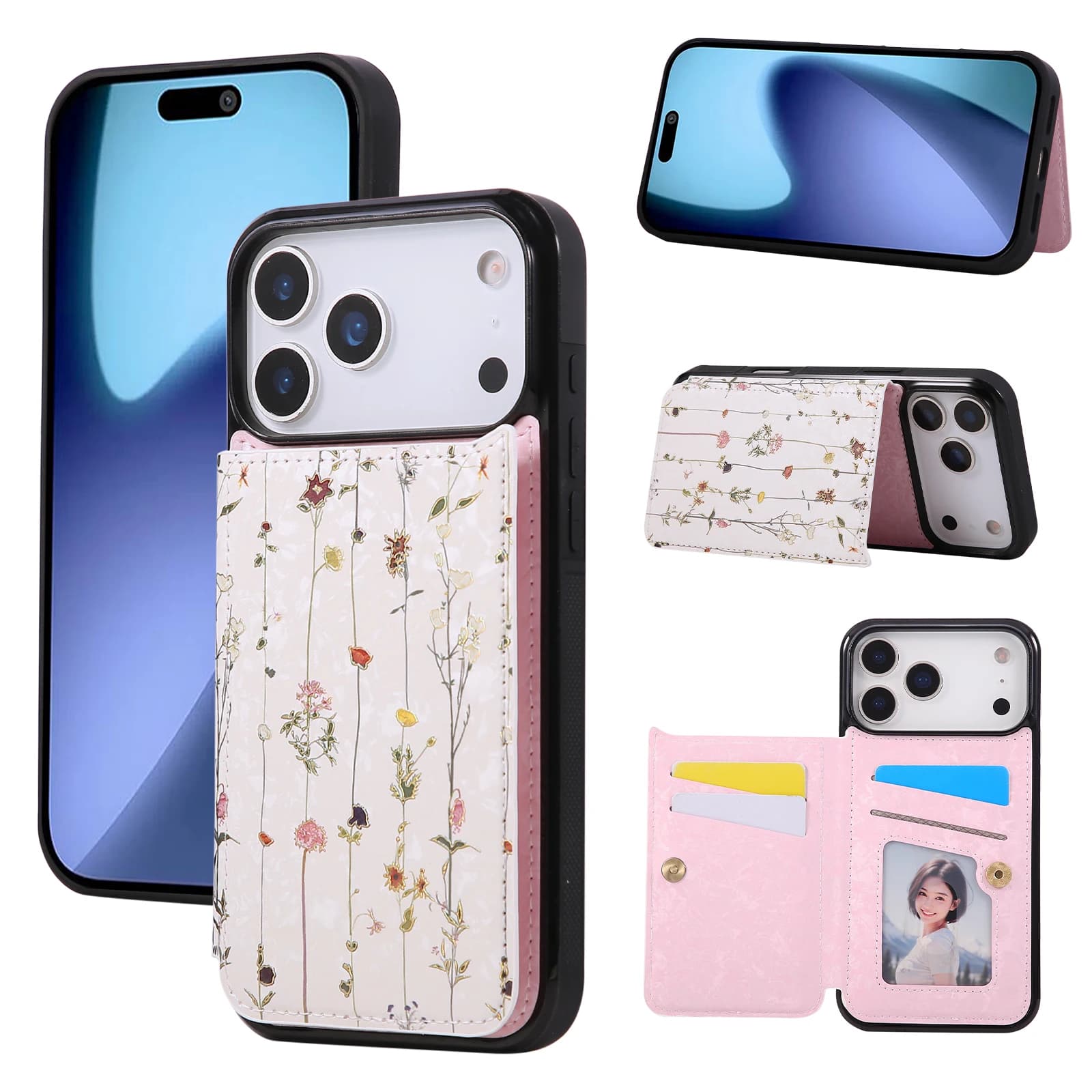 Carte magnetiche RFID Solt Flower Patten Custodia a portafoglio in pelle per iPhone 17 Pro Max 16 Plus 15 14 13 12 11 Cavalletto Cover
