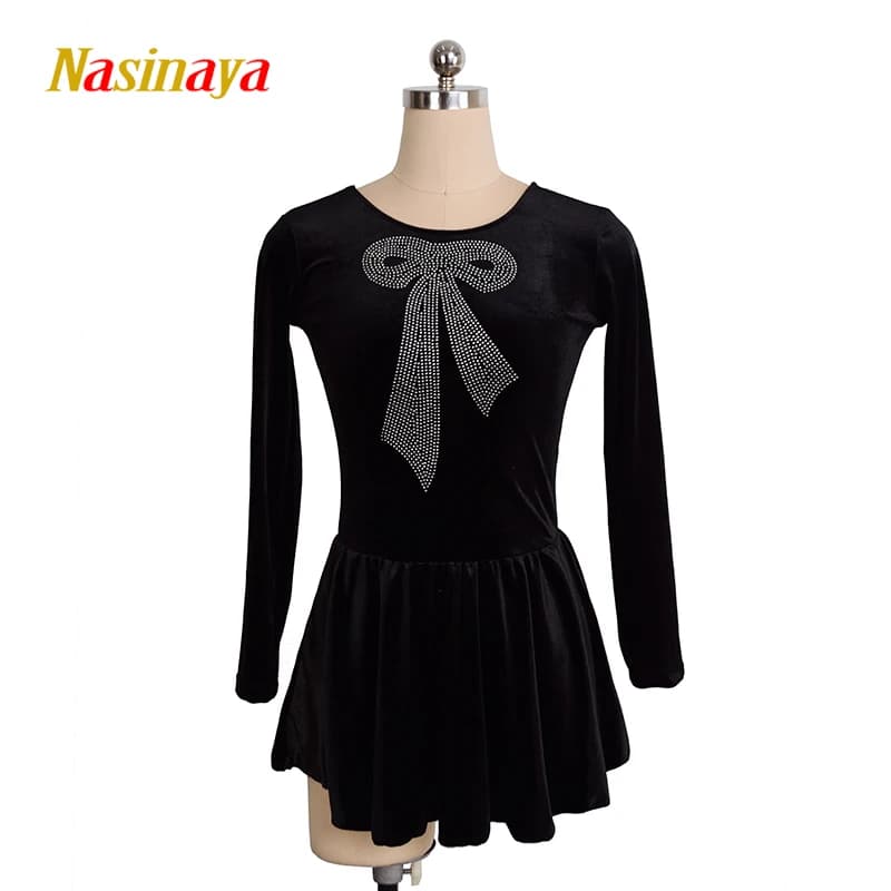Abito per Pattinaggio Artistico, Gonna per Pattinaggio su Ghiaccio in Velluto Nero con Fiocco e Pietre, per Ragazze, Donne e Bambini, Taglia Personalizzabile