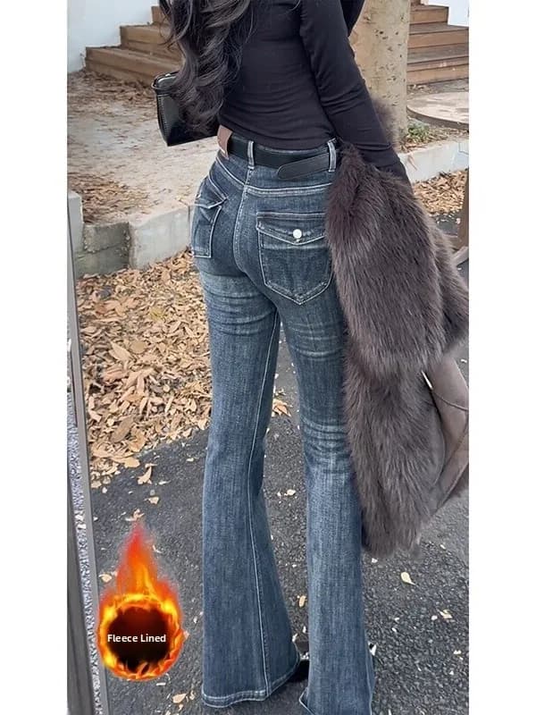 Retro American Fleece Lined Flared Jeans Women's Winter Thick Warm Slim Fit High Waist Bell Bottoms Breathable Casual Trousers