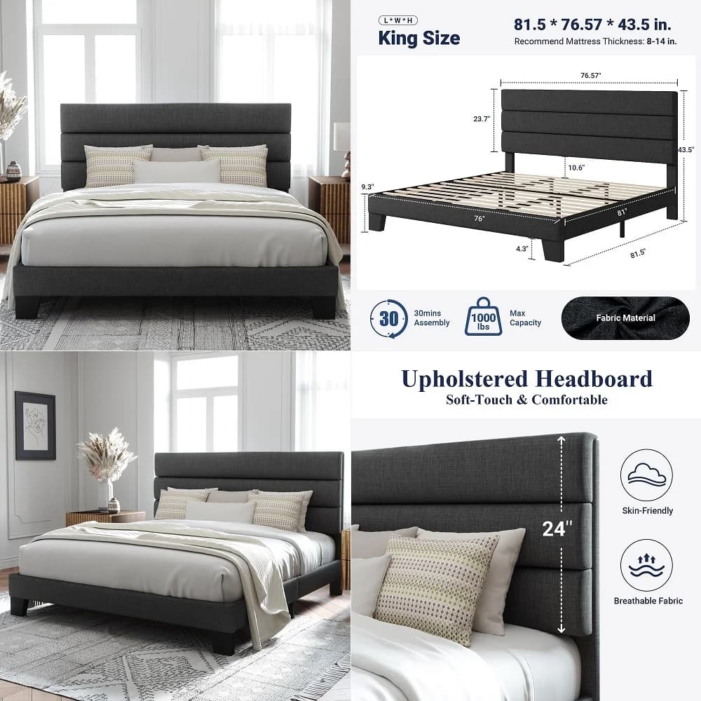 King size bed base with upholstered headboard in fabric and wooden slats, fully padded mattress support