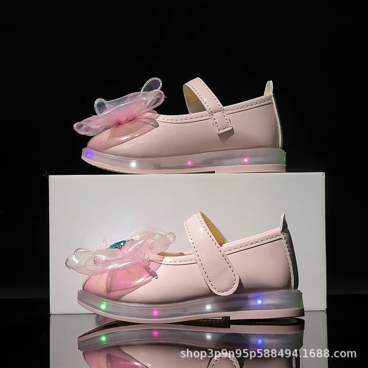 New Spring Autumn Children Big Bow Casual Flats Shoe Girl Velcro LED-Light-up Square-toe Princess Shoe Kids with Mary Jane Shoes