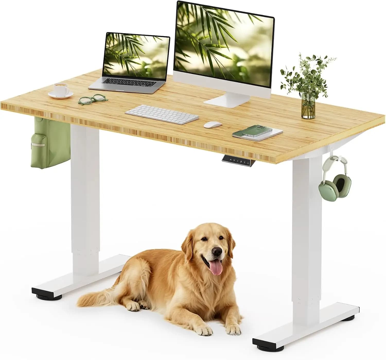 White Frame Solid Bamboo Height Adjustable Standing Desk, 48" x 24" Natural Grain Real Bamboo Desktop, Sturdy Sustainable Workstation for Home Office & Multi-Monitor Arrangements