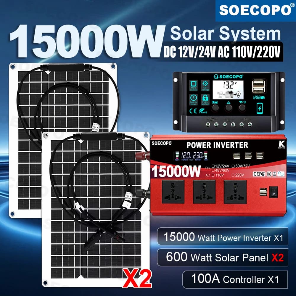 Hub di Ricarica Solare per Campeggio 15000W | 2 pannelli da 600W con controller da 100A | Inverter Multi-USB e AC per Parchi, Serre e Giardini