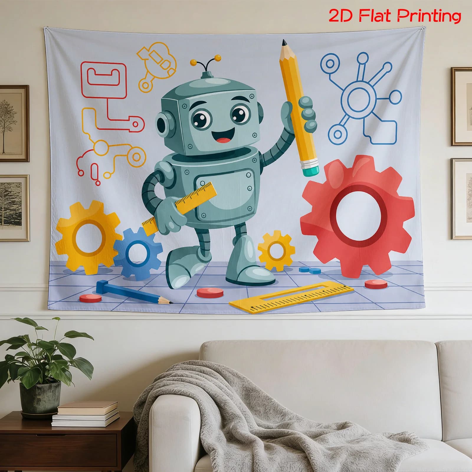 Modern Robot Blueprint Tapestry Wall Decor Cartoon Art for Kids Room STEM Nursery Gear Science Print 180x320cm