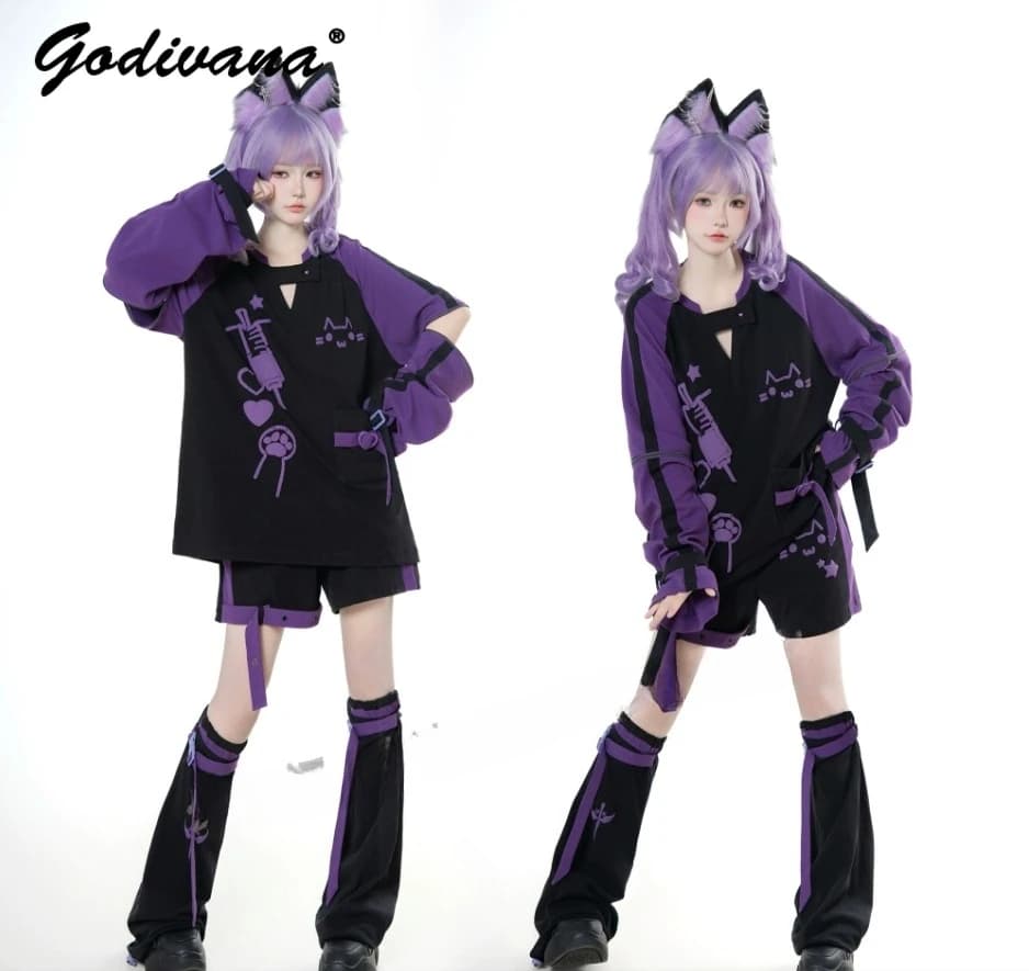 T-shirt with removable sleeves with original Japanese zipper Mine Set of shorts and tops and gothic shorts for women's subculture of the new summer
