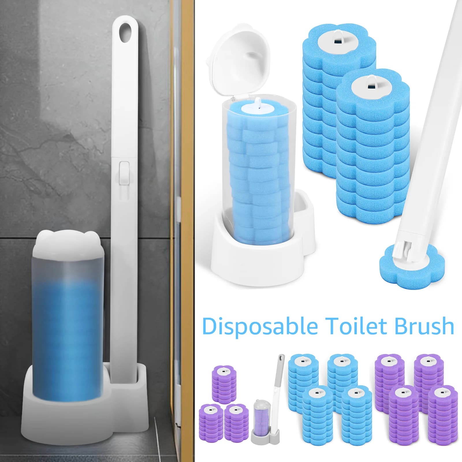 18/36 pezzi kit scopino usa e getta strumento di pulizia a manico lungo per bagno a parete con ricariche per scopino accessori per WC