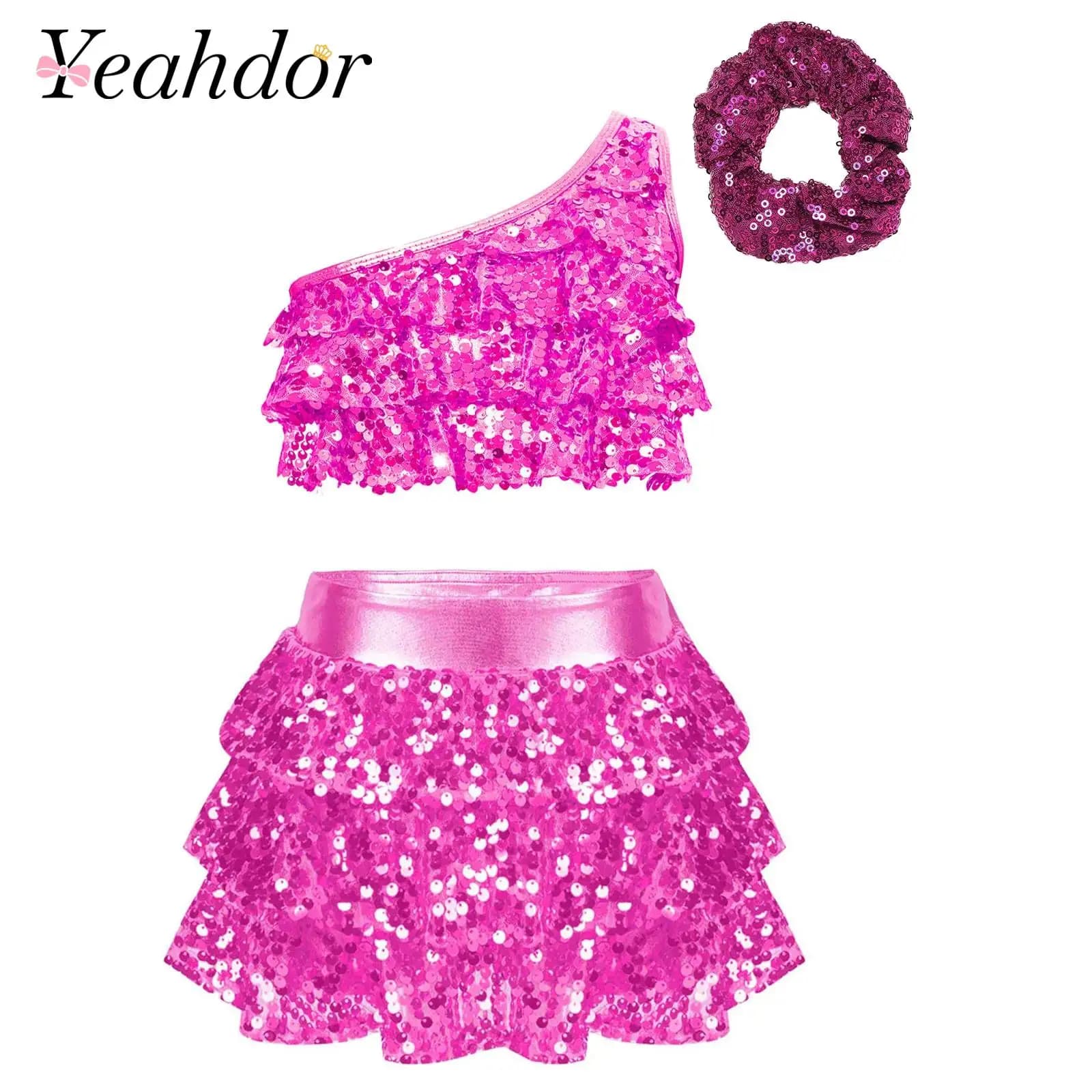 Bambini Ragazze Paillettes lucide Costume da ballo latino jazz Vestito da festa Spettacolo teatrale Due pezzi Abbigliamento da ballo Set di vestiti per bambini