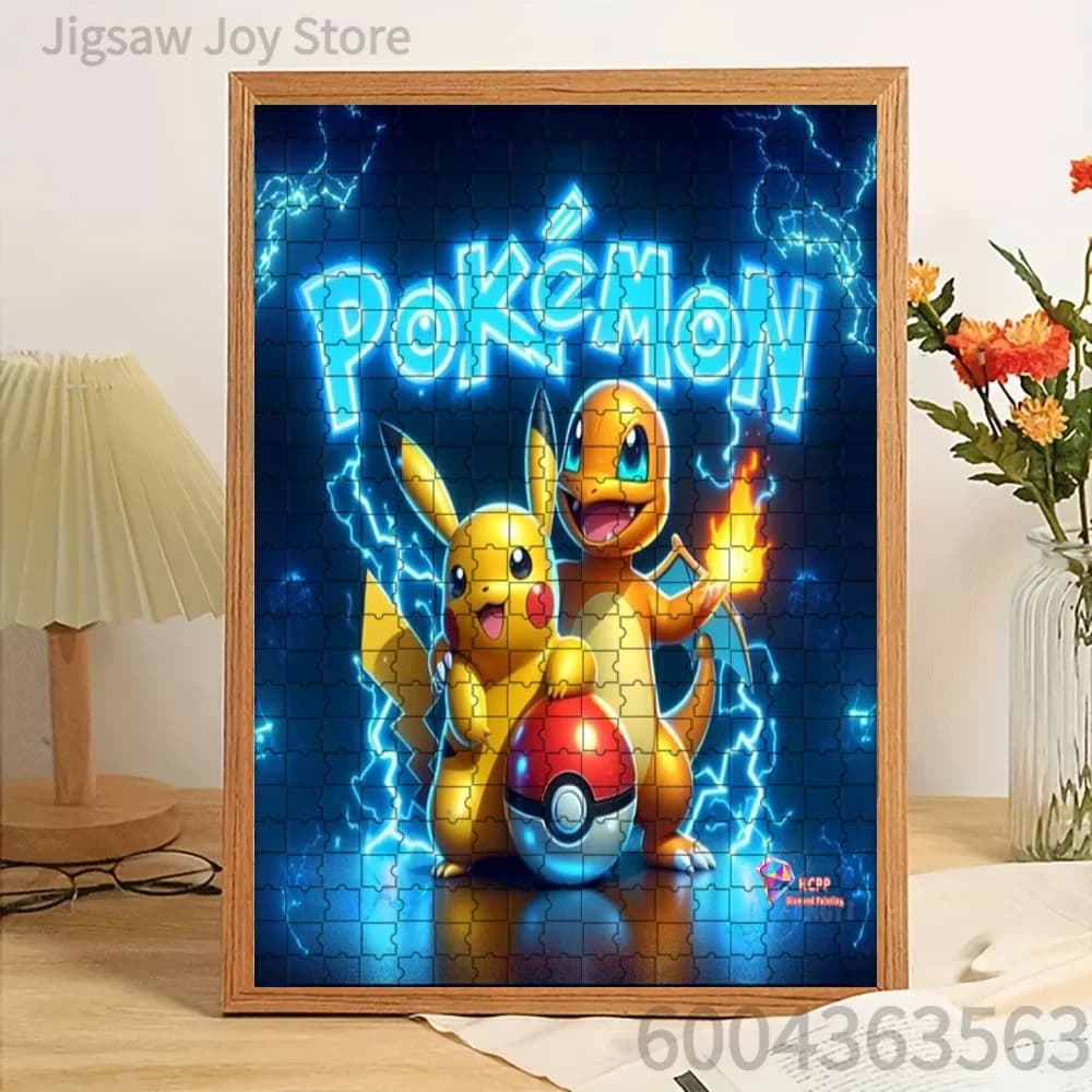 Puzzle di carta Pikachu Charmander in stile neon con disegno artistico, rompicapo