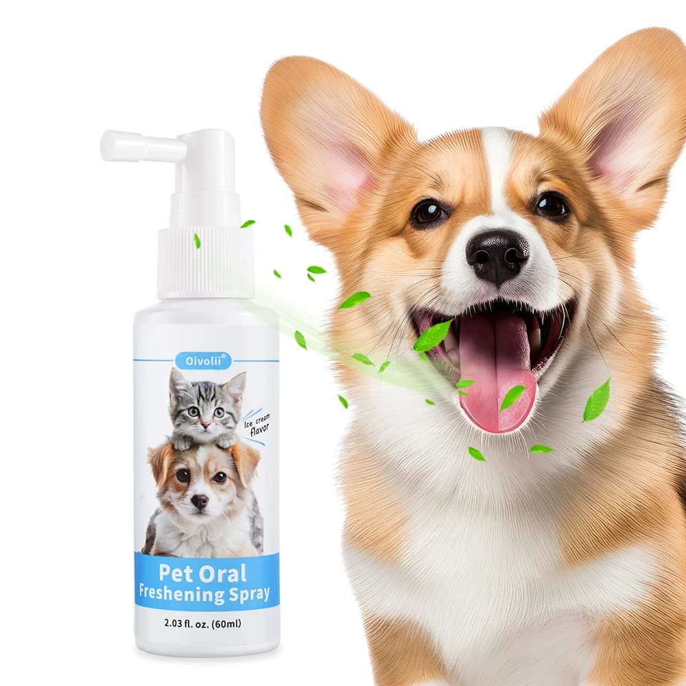 Spray per Igiene Orale per Animali Domestici 60ml, Pulisce i Denti di Cani e Gatti, Rinfresca l'Alito, Rimuove l'Alito Cattivo, Previene il Tartaro, Additivo per Acqua per Cura Orale