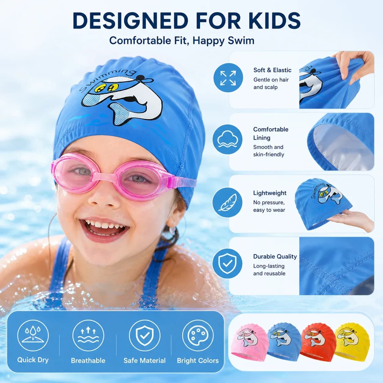 Simpatico cappello da bagno a forma di delfino per sport acquatici, protegge le orecchie e i capelli, tessuto impermeabile in PU, per ragazzi e ragazze, accessori per il nuoto