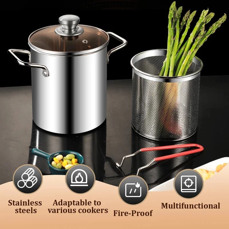 Set di 5 Pentole in Acciaio Inox per Frittura Profonda con Cestello e Coperchio, Friggitrice per Pollo Fritto, Utensili da Cucina