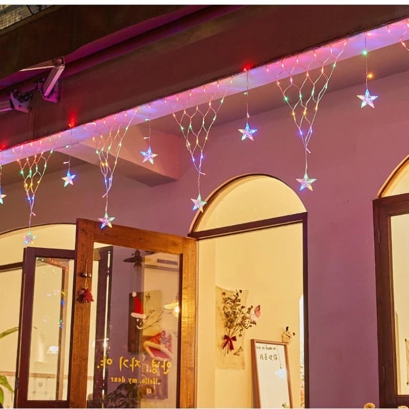 Luci a rete solari Luci da fata per tende da esterno Stelle sospese Stringa a LED Lampada con spina europea per decorazioni natalizie per feste di matrimonio