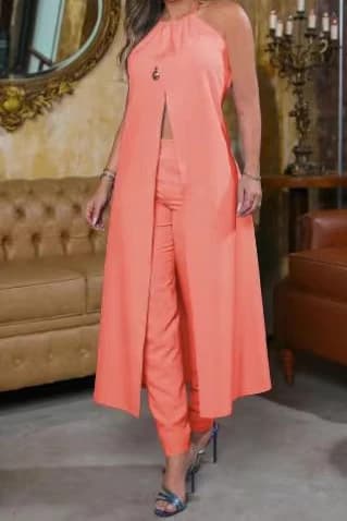 Womans Clothing 2 Pieces Set Y2k Hanging Neck Sleeveless Sexy Backless Loose Slit Dress and High Waist Pants Suits for Female