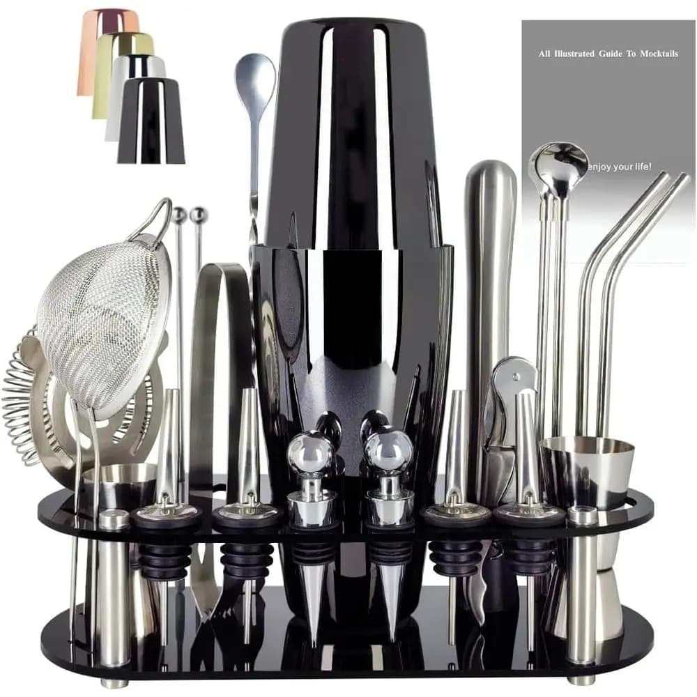 Set Shaker per Cocktail 25-20oz con Supporto, Strumenti da Barman, Accessori per Miscelazione e Libretto di Ricette (Nero)
