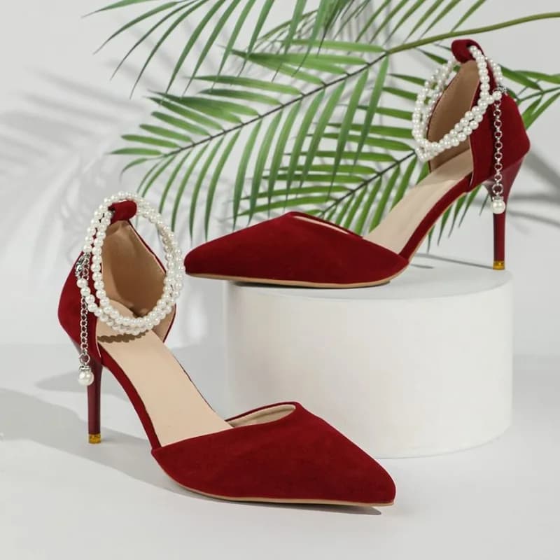Nuove Scarpe da Donna con Tacco Sottile, Sandali Traforati con Perle, Punta Affusolata, Tacchi Alti, Eleganti Scarpe da Sposa di Lusso