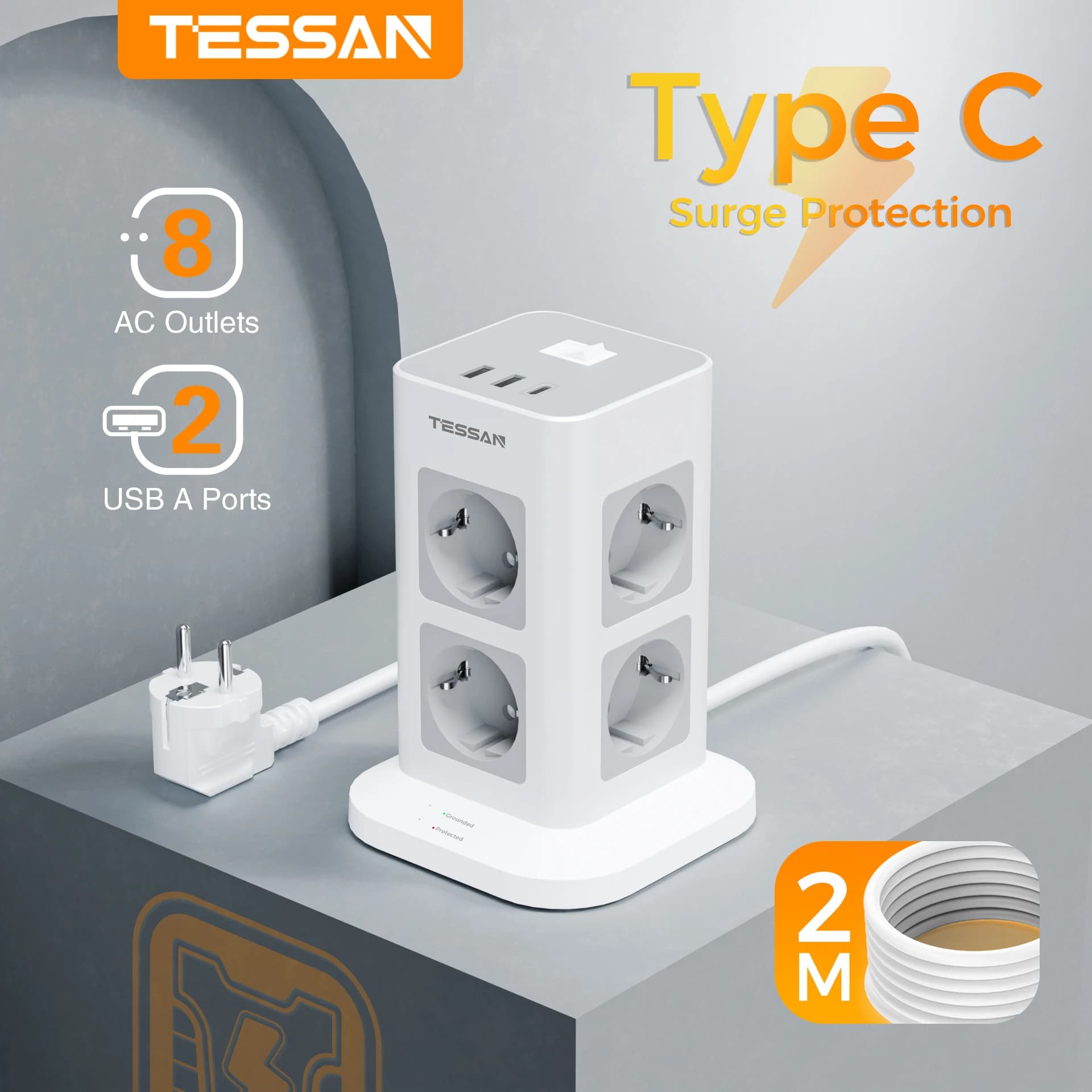 Presa multipla TESSAN Tower con 2 prese multiple USB + 1 tipo C Cavo di prolunga da 2 M Spina UE Presa elettrica verticale Protezione contro le sovratensioni