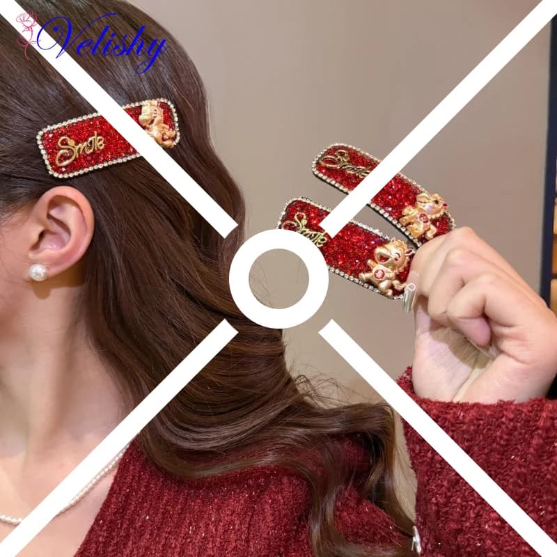2/6 pezzi creativo cartone animato mascotte cavallo forcina 2026 capodanno rosso brillante strass clip di capelli accessorio per capelli per bambini
