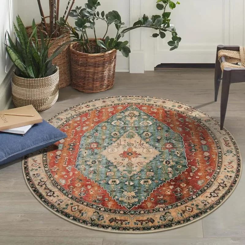 Bohemian Persia Style Print Round Rug Non-Slip Circle Carpet for Living Room Floor Mat for Chair Coffee Table Bedside Decoration