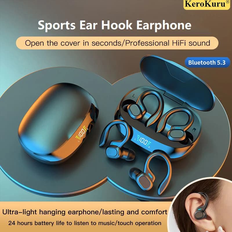 Bluetooth earphones TWS sports ear hook HIFI Stereo Bass Bluetooth 5.3 Wireless headphones with waterproof headphone microphone