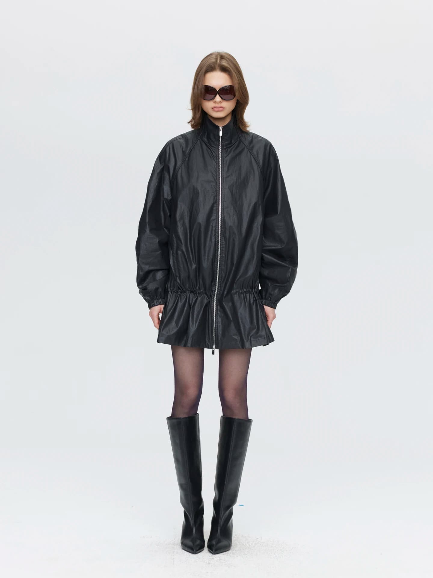 Peachfuzz Women's Oil Wax Coated Jacket Drawstring Collar Oversized Black Windbreaker Spring 2026 Zipper Closure Cotton 100%