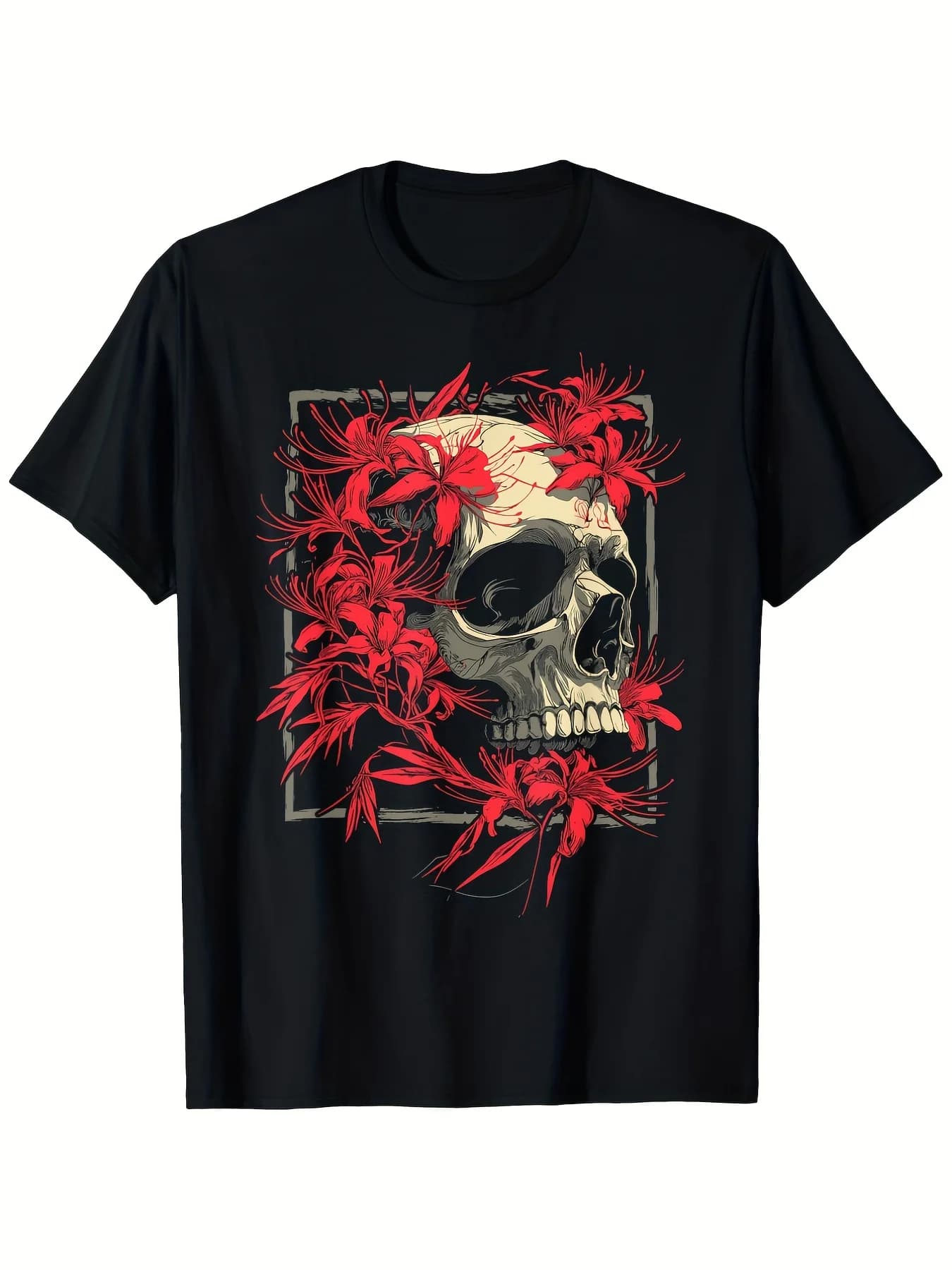Gothic Men's Black Graphic T-Shirt Skull Red Spider Lily Floral Moon Vintage Illustration 100% Cotton Heavyweight Short Sleeve Casual Streetwear Tee
