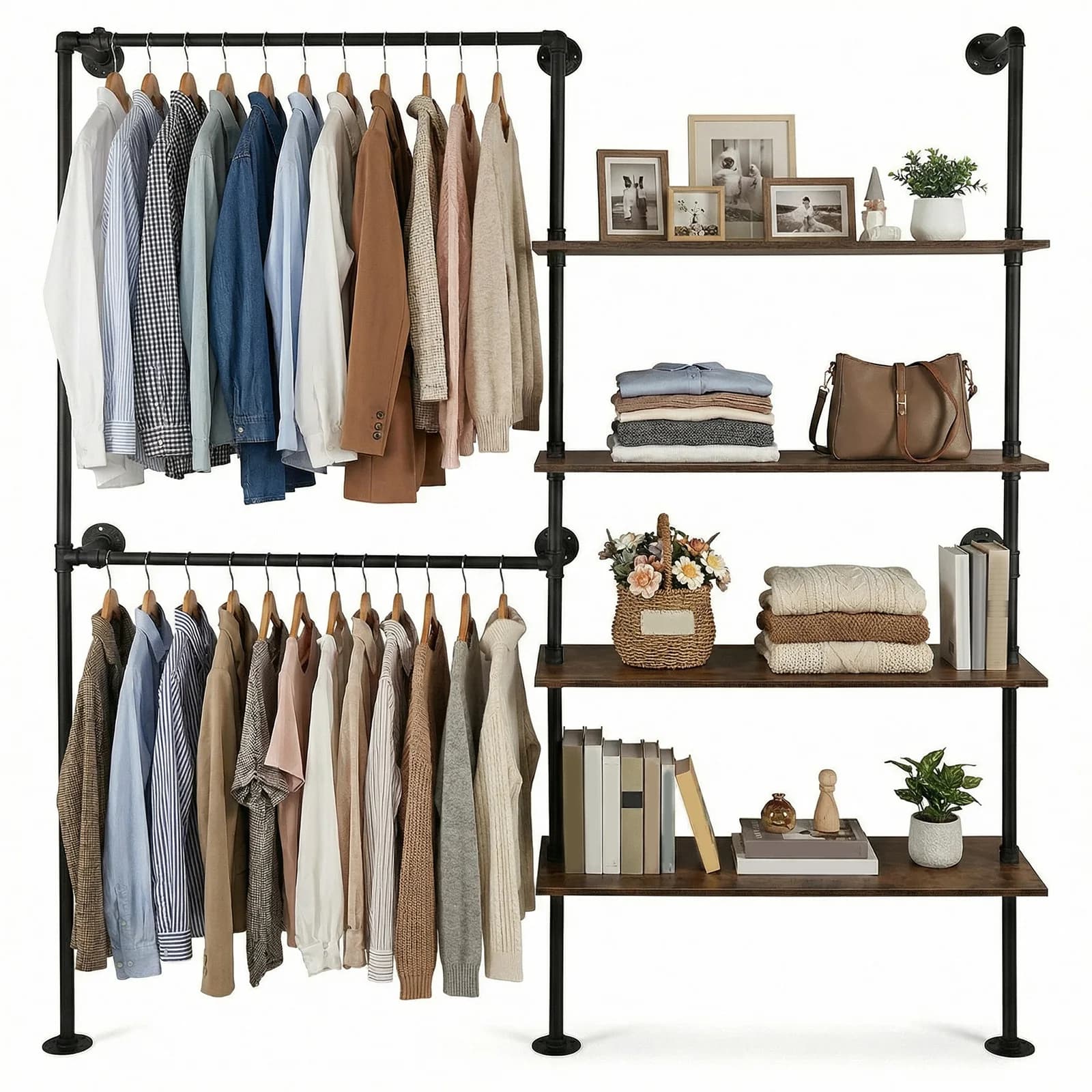 Heavy Duty Clothes Organizer with Double Hanging Rods Wooden Clothes Storage Shelves Large Capacity for Closet Storage & Bedroom